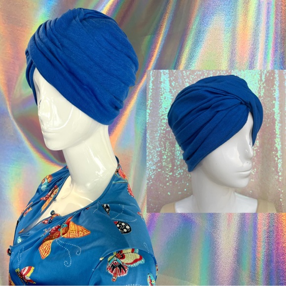 60s/70s Blue Layered Fold Turban - Picture 1 of 13
